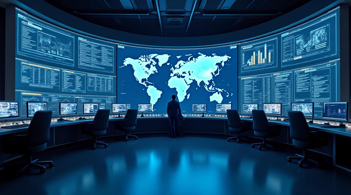 Modern logistics command center with digital tracking maps